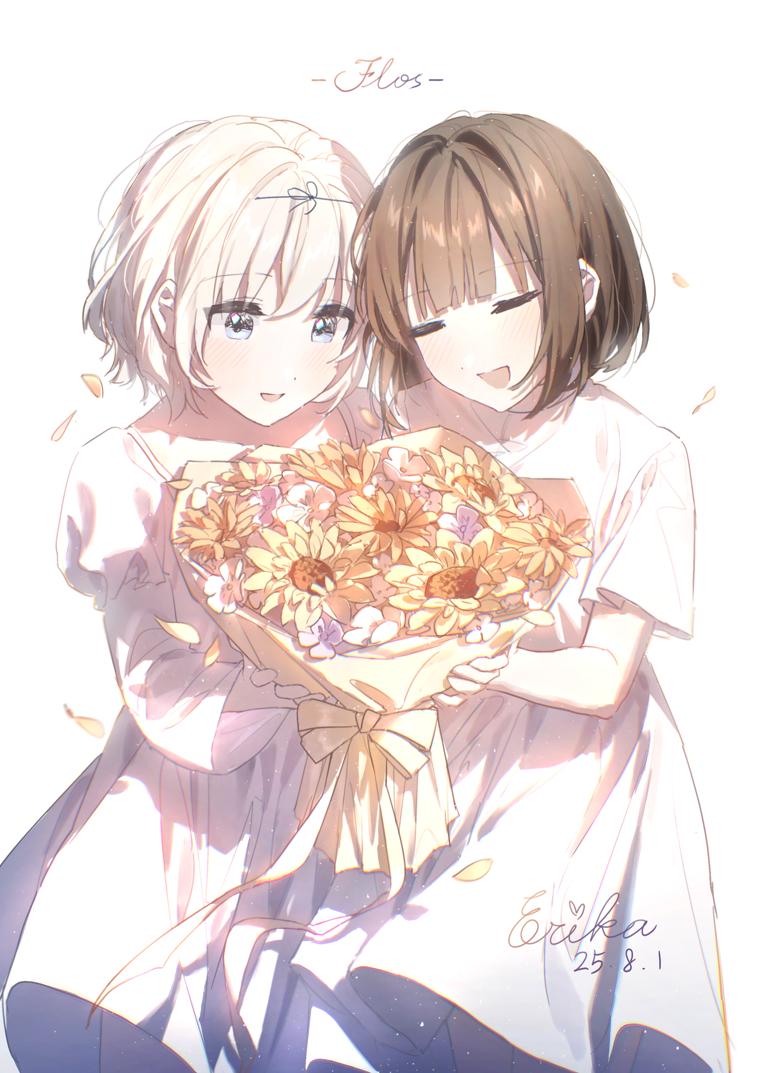 erika (user spth3377), hanamura hinako, sezaki airi, kitanai kimi ga ichiban kawaii, absurdres, commentary request, highres, 2girls, black hair, blue eyes, blush, bouquet, closed eyes, dated, dress, flower, hair ribbon, holding, holding bouquet, long sleeves, multiple girls, official alternate hair length, official alternate hairstyle, open mouth, ribbon, short hair, short sleeves, white dress, white hair