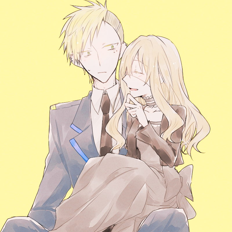 noel cerquetti, oscar dressel, higyaku no noel, 1boy, 1girl, anti-eyebrow piercing, black dress, black jacket, blonde hair, choker, dress, eye piercing, eyepatch, face piercing, green eyes, jacket, kagu (noko11), long hair, medical eyepatch, necktie, piercing, police, police uniform, policeman, short hair