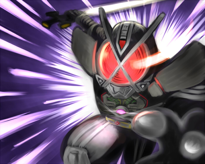 1dora, kamen rider kaixa, kamen rider, kamen rider 555, 1boy, battle, bodysuit, emphasis lines, energy sword, helmet, holding, holding sword, holding weapon, looking at viewer, male focus, solo, sword, weapon