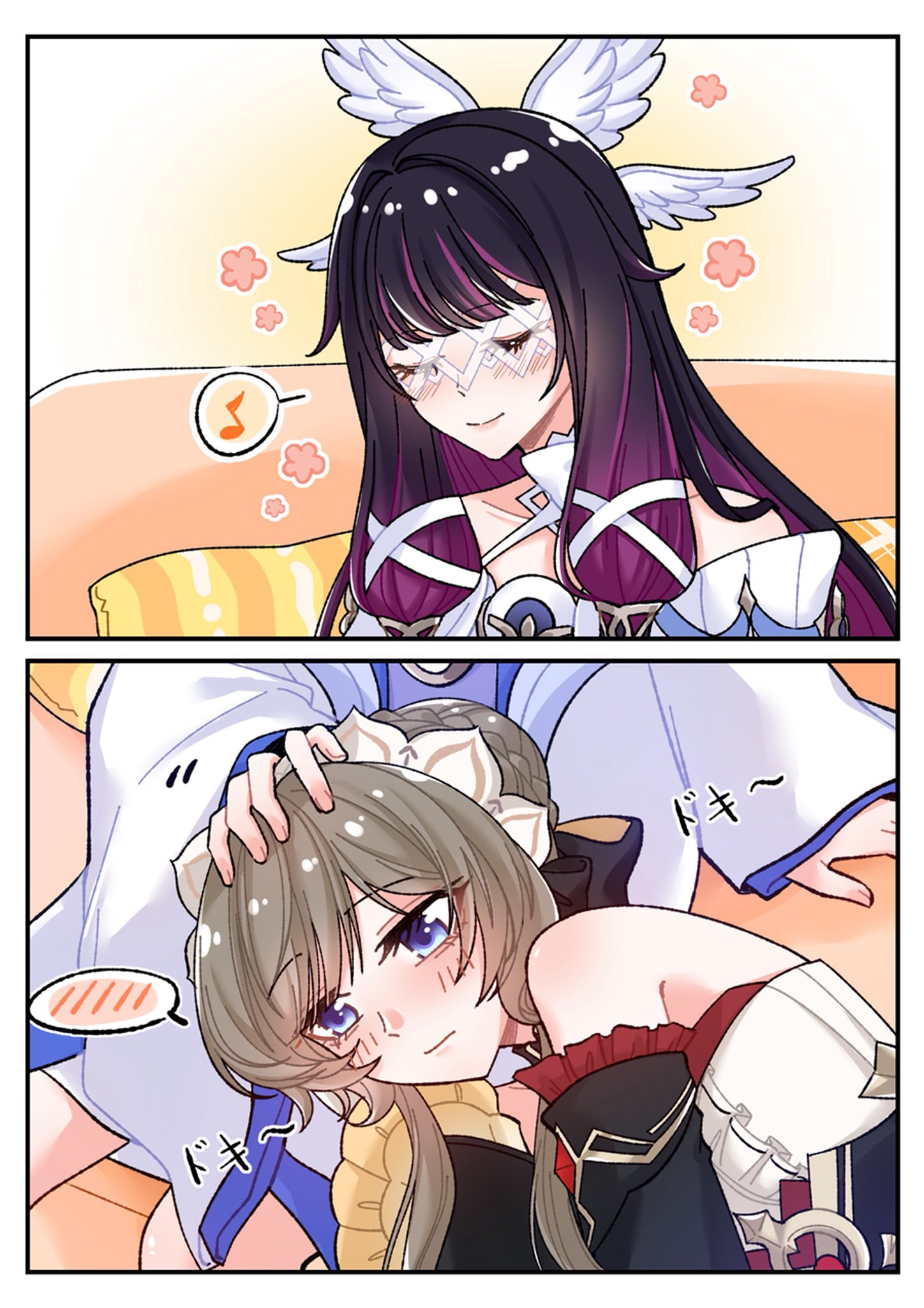 columbina (genshin impact), sandrone (genshin impact), genshin impact, commentary request, highres, 2girls, bare shoulders, black hair, blue eyes, blush, braid, braided bun, brown hair, closed eyes, closed mouth, couch, dress, hair bun, hand on another's head, lap pillow, momotomi000, multiple girls, musical note, on couch, purple streaks, spoken musical note, white dress, yuri