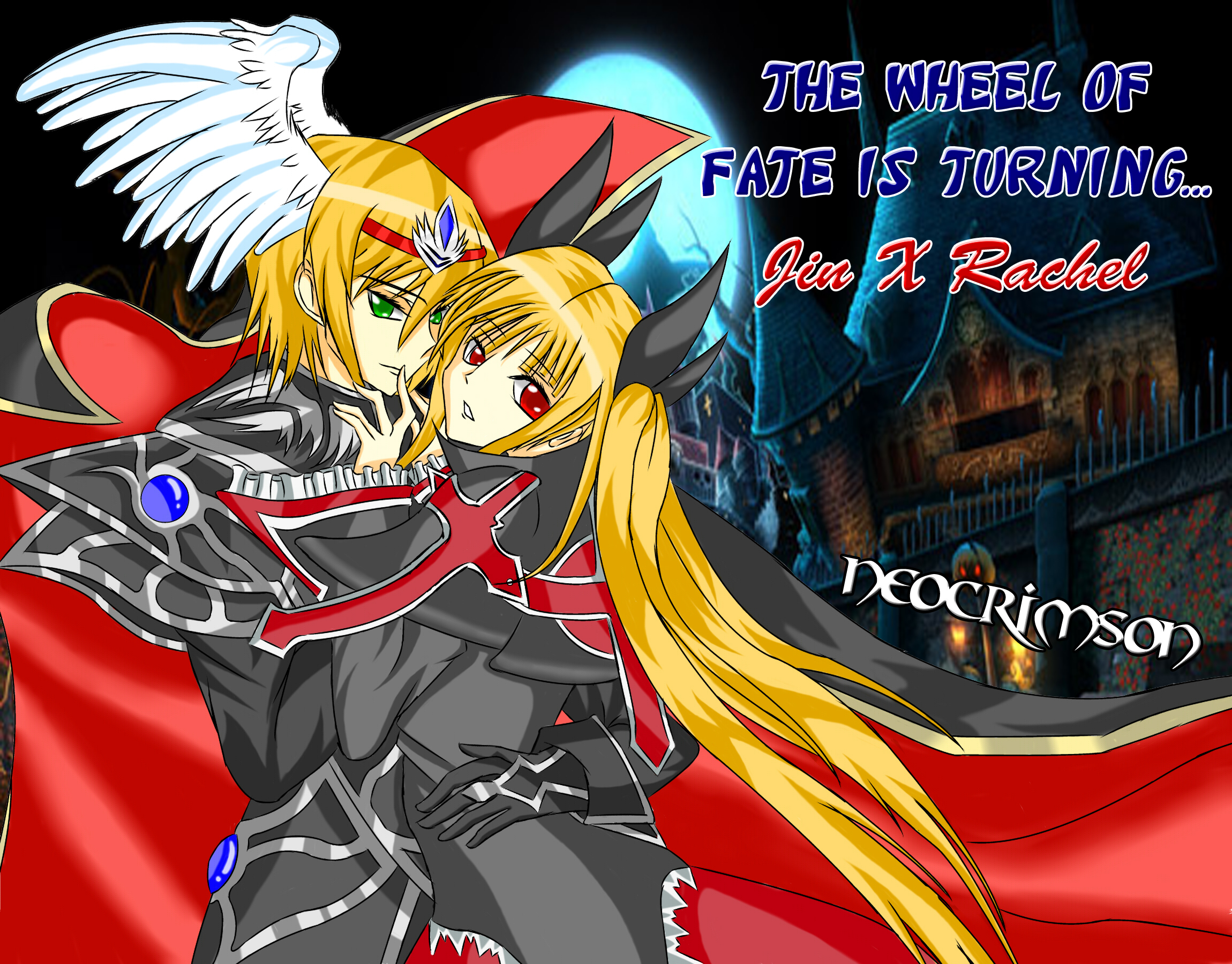 kisaragi jin, rachel alucard, arc system works, blazblue, blazblue: calamity trigger, metal, highres, 1boy, 1girl, angel wings, armor, black theme, cape, couple, crown, gem, gothic lolita, green eyes, head wings, headband, lolita fashion, plate, red eyes, wings