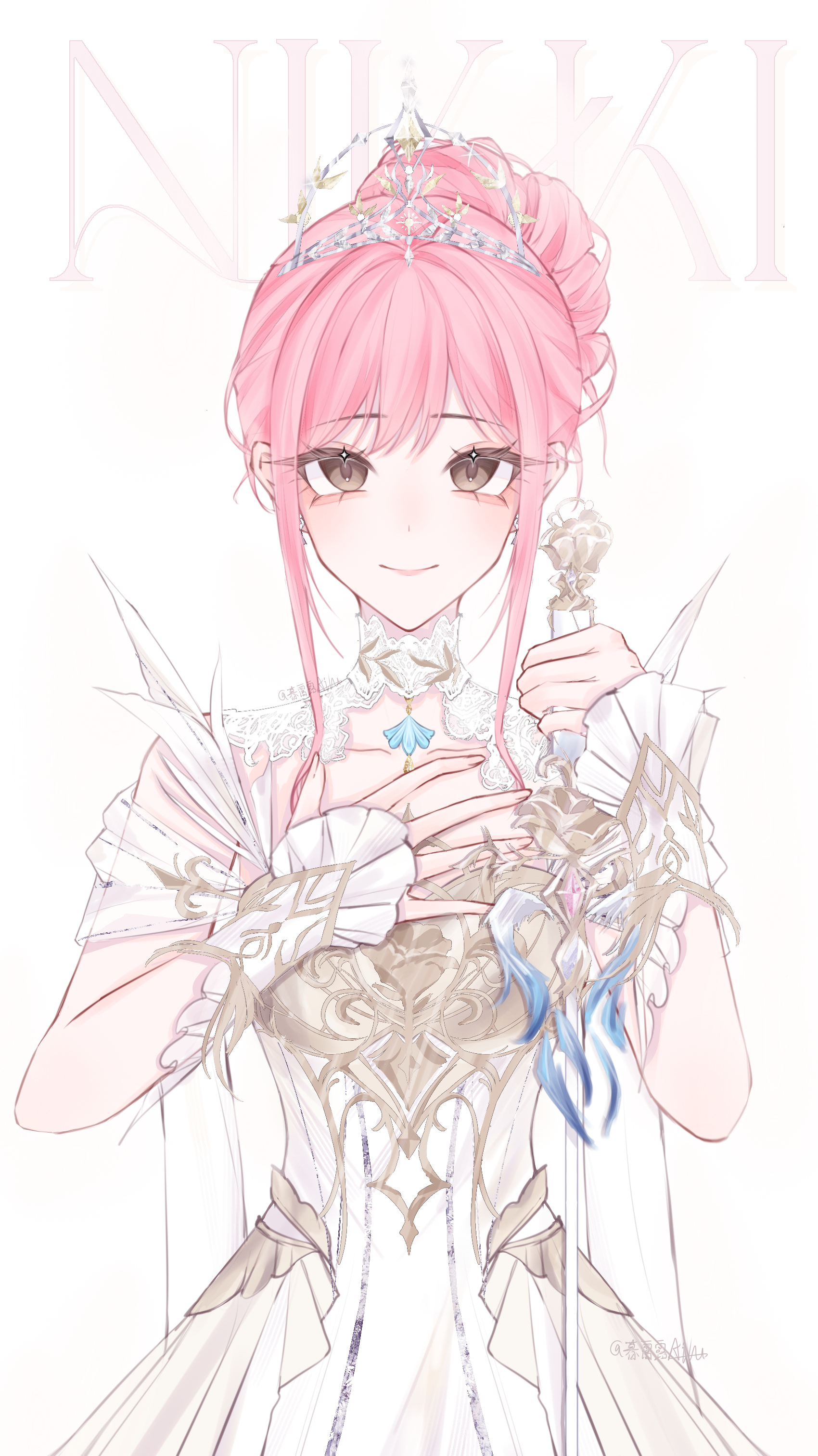 melody bloom (infinity nikki), nikki (nikki), infinity nikki, nikki (series), absurdres, chinese commentary, commentary request, highres, 1girl, aegyo sal, armor, artist name, bare shoulders, breastplate, brown eyes, character name, closed mouth, collar, collarbone, cowboy shot, detached collar, dot nose, dress, eyelashes, eyeshadow, feather-trimmed sleeves, frilled arm warmers, hair bun, hand on own chest, happy, high collar, hoeljune21, holding, holding sword, holding weapon, lace collar, light blush, lipstick, long dress, looking at viewer, makeup, off-shoulder dress, off shoulder, pink eyeshadow, pink hair, pink lips, pleated dress, short hair with long locks, short sleeves, sidelocks, simple background, single hair bun, smile, solo, standing, straight-on, sword, tiara, updo, wavy hair, weapon, white arm warmers, white background, white collar, white dress