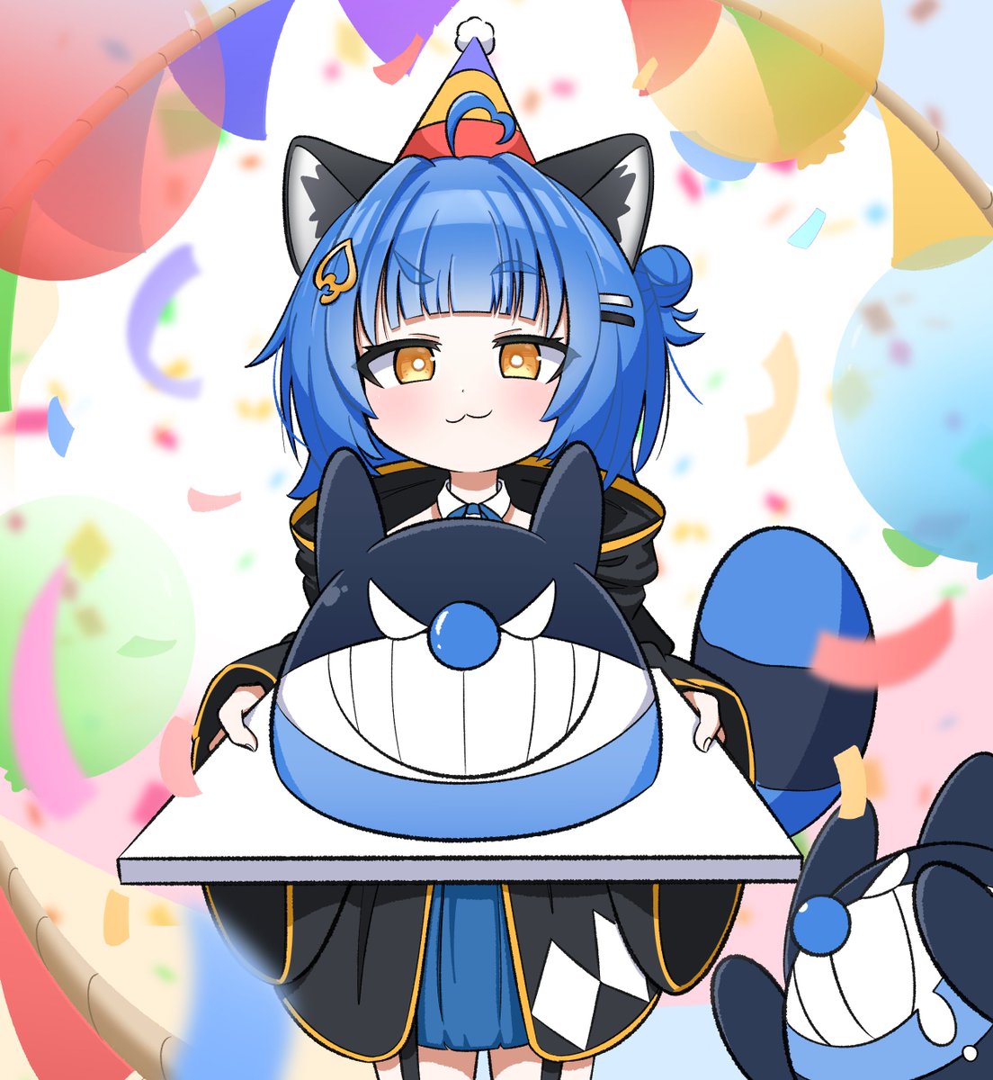 tensutensu, poko rakun, poko rakun (1st costume), chromashift, commentary, english commentary, highres, 1girl, ahoge, animal ear fluff, animal ears, balloon, black cloak, blue hair, blue skirt, blunt bangs, blush, bright pupils, character-themed food, cloak, closed mouth, confetti, cowboy shot, dot nose, drooling, empty eyes, eyelashes, fandit (poko rakun), fingernails, grin, hair bun, hair ornament, hairclip, hat, heart, heart ahoge, holding, holding tray, hood, hood down, hooded cloak, leaf hair ornament, long sleeves, open cloak, open clothes, party hat, raccoon ears, raccoon girl, raccoon tail, saliva, short hair, single side bun, skirt, smile, tail, teeth, tray, v-shaped eyes, virtual youtuber, white pupils, yellow eyes