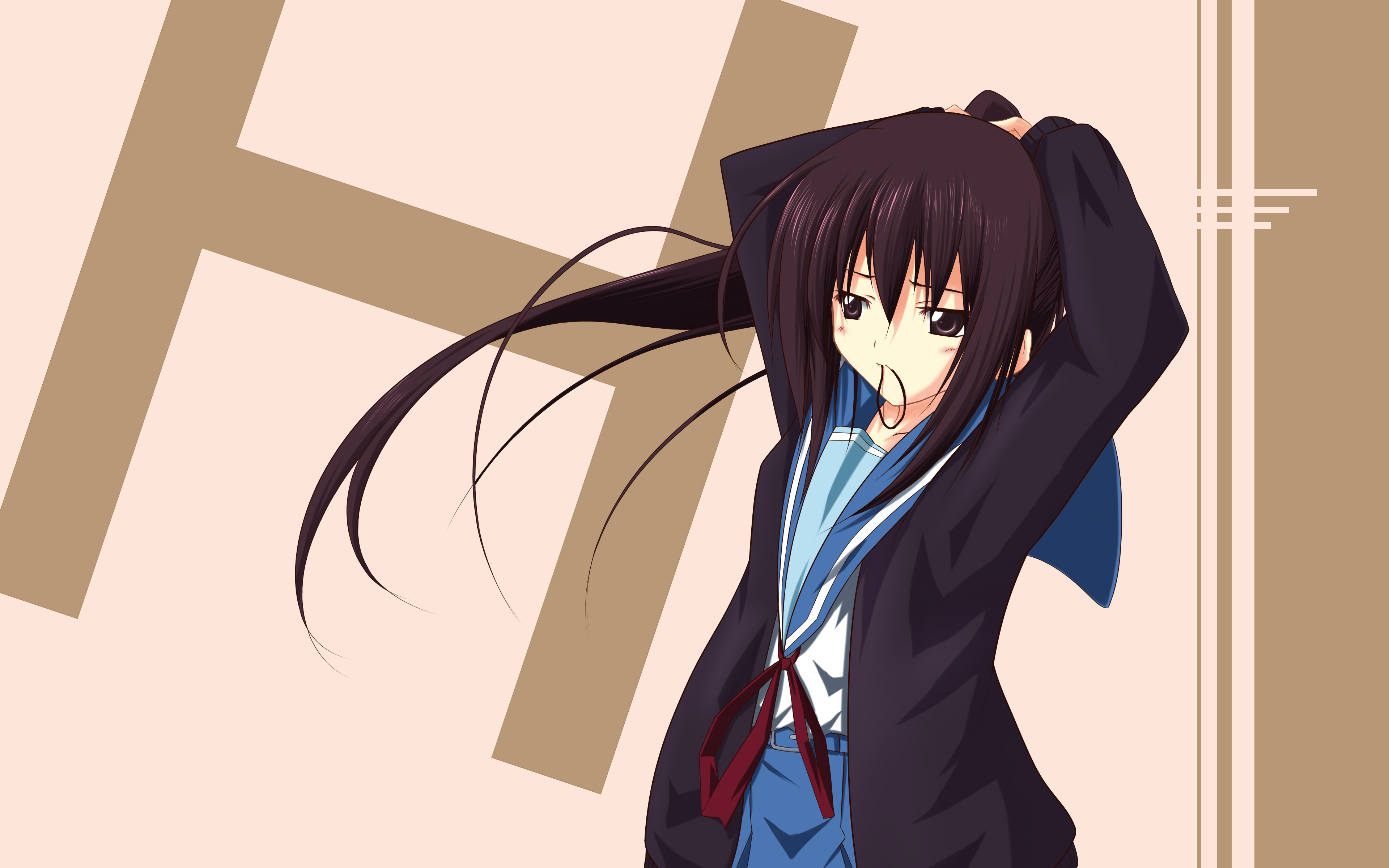 kuu (moonmyth), kyonko, suzumiya haruhi no yuuutsu, absurdres, bad id, bad pixiv id, highres, 00s, 1girl, adjusting hair, cardigan, female focus, genderswap, genderswap (mtf), mouth hold, ponytail, school uniform, serafuku, solo