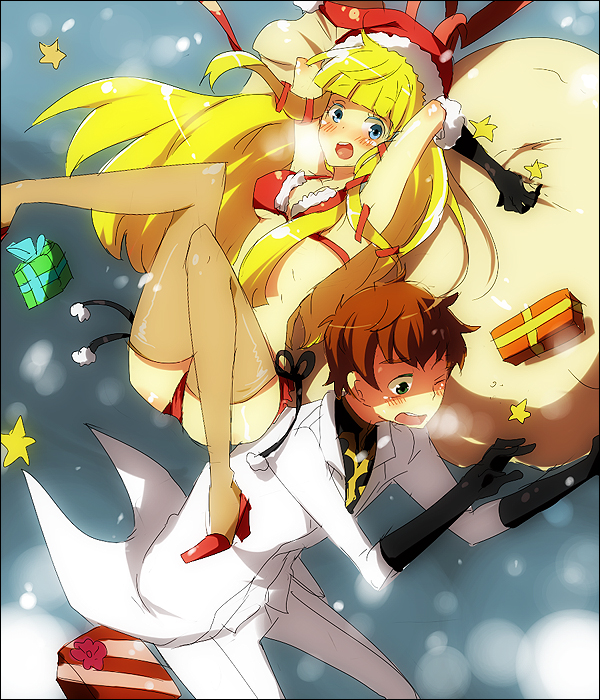 kl (dgzonbi), kururugi suzaku, monica kruszewski, code geass, 00s, 1boy, 1girl, arms up, bikini, blonde hair, blue eyes, blush, brown hair, christmas, elbow gloves, gift, gloves, hat, legs, long hair, santa bikini, santa costume, santa hat, short hair, swimsuit, thighhighs