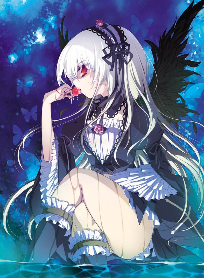 room603, suigintou, rozen maiden, silver hair, 00s, 1girl, crossed legs, female focus, frills, hairband, long hair, red eyes, sitting, solo, water, wet, wings