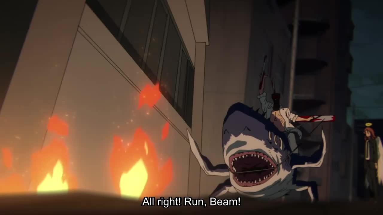 beam (chainsaw man), denji (chainsaw man), hayakawa aki, typhoon devil (chainsaw man), chainsaw man, animated, tagme, video, city, destruction, running