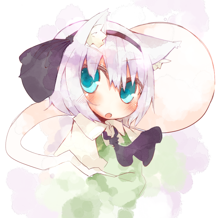 yatani row, konpaku youmu, konpaku youmu (ghost), touhou, bad id, bad pixiv id, 1girl, animal ears, annoyed, blue eyes, cat ears, cat girl, fang, faux traditional media, female focus, hairband, hitodama, kemonomimi mode, pink hair, short hair, solo