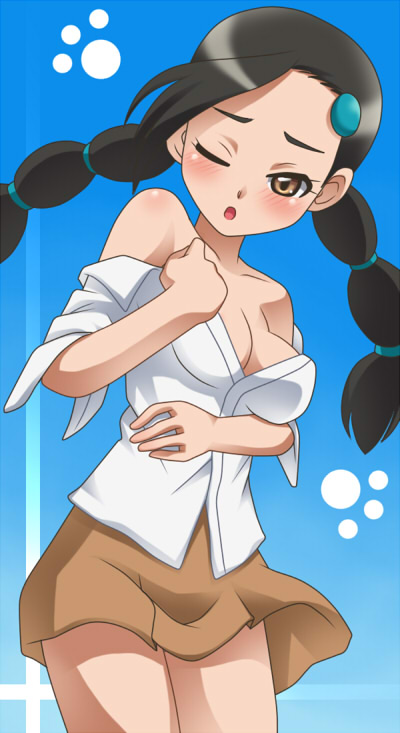 awa, candice (pokemon), nintendo, pokemon, pokemon dppt, 00s, 1girl, bare shoulders, blue background, blush, braid, female focus, gym leader, multi-tied hair, one eye closed, paw print, skirt, solo, twin braids, twintails, undressing, wink