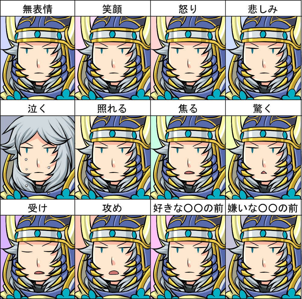 ujuju, warrior of light (ff1), dissidia final fantasy, final fantasy, final fantasy i, silver hair, translation request, 1boy, blue eyes, hat, helmet, horns, long hair, male focus, multiple expressions, multiple views, tears, unworn hat, unworn headwear