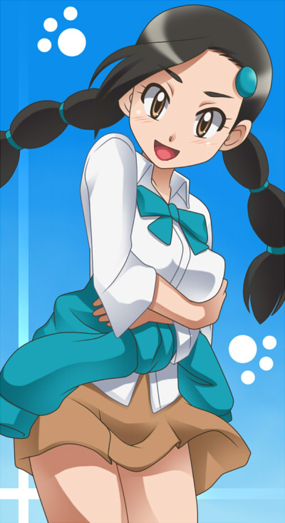 awa, candice (pokemon), nintendo, pokemon, pokemon dppt, breast hold, 00s, 1girl, black hair, blue background, braid, breasts, brown eyes, clothes around waist, female focus, gym leader, hair ornament, hairclip, multi-tied hair, paw print, ribbon, skirt, solo, sweater, sweater around waist, twin braids