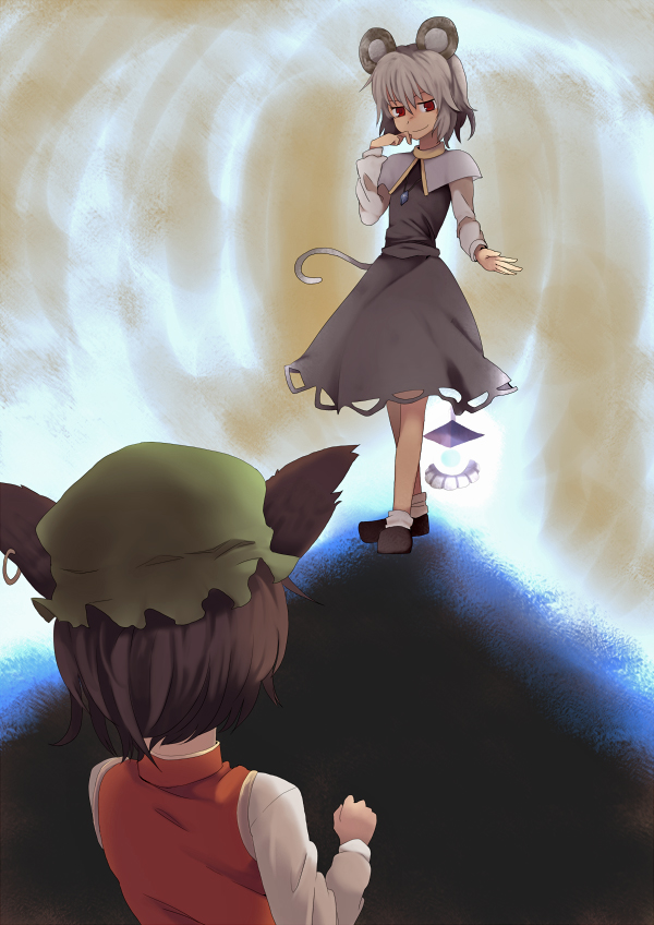 mieharu, chen, nazrin, touhou, 2girls, animal ears, bishamonten's pagoda, brown hair, cat ears, cat girl, cat tail, earrings, female focus, grey hair, hat, jewelry, mouse (animal), mouse ears, mouse tail, multiple girls, red eyes, short hair, tail