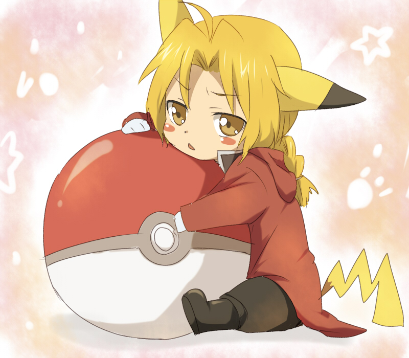 maruki (punchiki), edward elric, pikachu, fullmetal alchemist, nintendo, pokemon, bad id, bad pixiv id, 00s, 1boy, blonde hair, braid, braided ponytail, costume, gen 1 pokemon, male focus, poke ball, poke ball (basic), pokemon (creature), single braid, solo, yellow eyes