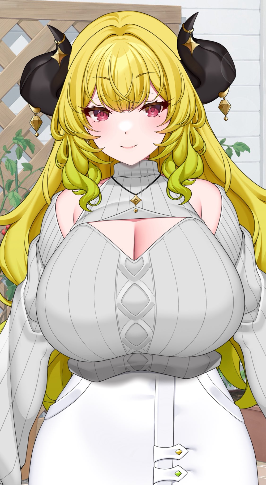 indie virtual youtuber, artist request, commentary request, highres, second-party source, 1girl, arm support, blonde hair, blunt bangs, breasts, cleavage, cleavage cutout, closed mouth, clothing cutout, detached sleeves, gradient hair, green hair, green nails, grey sweater, horns, huge breasts, leaf, long hair, long sleeves, looking at viewer, multicolored hair, outdoors, red eyes, ribbed sweater, sidelocks, skirt, smile, solo, sweater, two-tone hair, upper body, virtual youtuber, white skirt