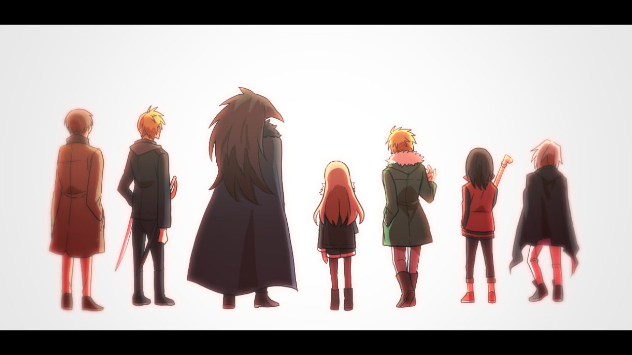 caron (higyaku no noel), fugo dressel, noel cerquetti, oscar dressel, higyaku no noel, 2girls, 5boys, agatha flattz, animal head, bird boy, black jacket, black skin, blonde hair, brothers, brown hair, coat, colored skin, crowbar, demon boy, enoki (0305mano), from behind, fur-trimmed coat, fur trim, holding, holding crowbar, holding sword, holding weapon, jacket, lauro maestri, letterboxed, long hair, multiple boys, multiple girls, purple hair, red jacket, short hair, siblings, sword, weapon, winter clothes, winter coat, zoe taska