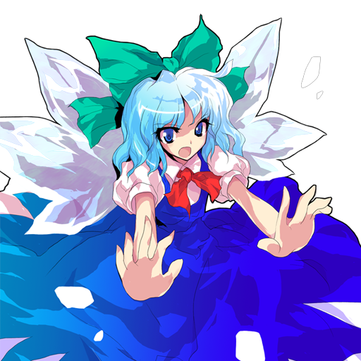 alphes, cirno, touhou, touhou hisoutensoku, official art, tagme, blue dress, blue eyes, blue hair, dress, green ribbon, open mouth, pinafore dress, red ribbon, ribbon, sleeveless, sleeveless dress, transparent background, wings