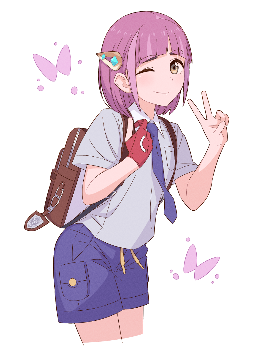 hinoyama kou, lacey (pokemon), nintendo, pokemon, pokemon sv, commentary request, highres, 1girl, ;), backpack, bag, brown eyes, closed mouth, collared shirt, gloves, looking at viewer, necktie, one eye closed, partially fingerless gloves, pink hair, purple necktie, purple shorts, red gloves, school uniform, shirt, short hair, short sleeves, shorts, single glove, smile, solo, uva academy school uniform, v, white background, white shirt