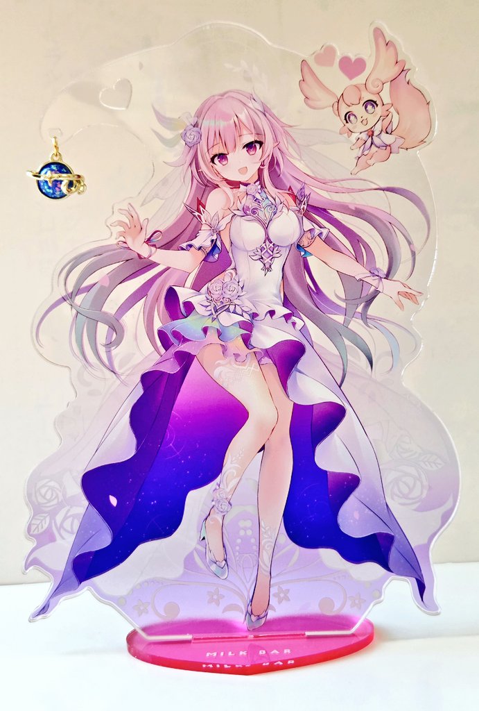 shirogane hina, cyrene (honkai: star rail), mem (honkai: star rail), honkai: star rail, honkai (series), commentary request, photo (medium), 1girl, :d, bare shoulders, blush, breasts, creature, cyrene (demiurge) (honkai: star rail), dress, dual persona, flower, full body, green eyes, grey shoes, hair between eyes, hair flower, hair ornament, high heels, long hair, looking at viewer, medium breasts, open mouth, petals, pink hair, purple eyes, purple flower, purple rose, rose, shoes, smile, star-shaped pupils, star (symbol), symbol-shaped pupils, very long hair, white dress