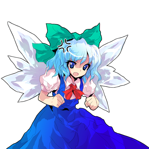 alphes, cirno, touhou, touhou hisoutensoku, official art, angry, dress, pinafore dress, sleeveless dress, solo, transparent background, wings