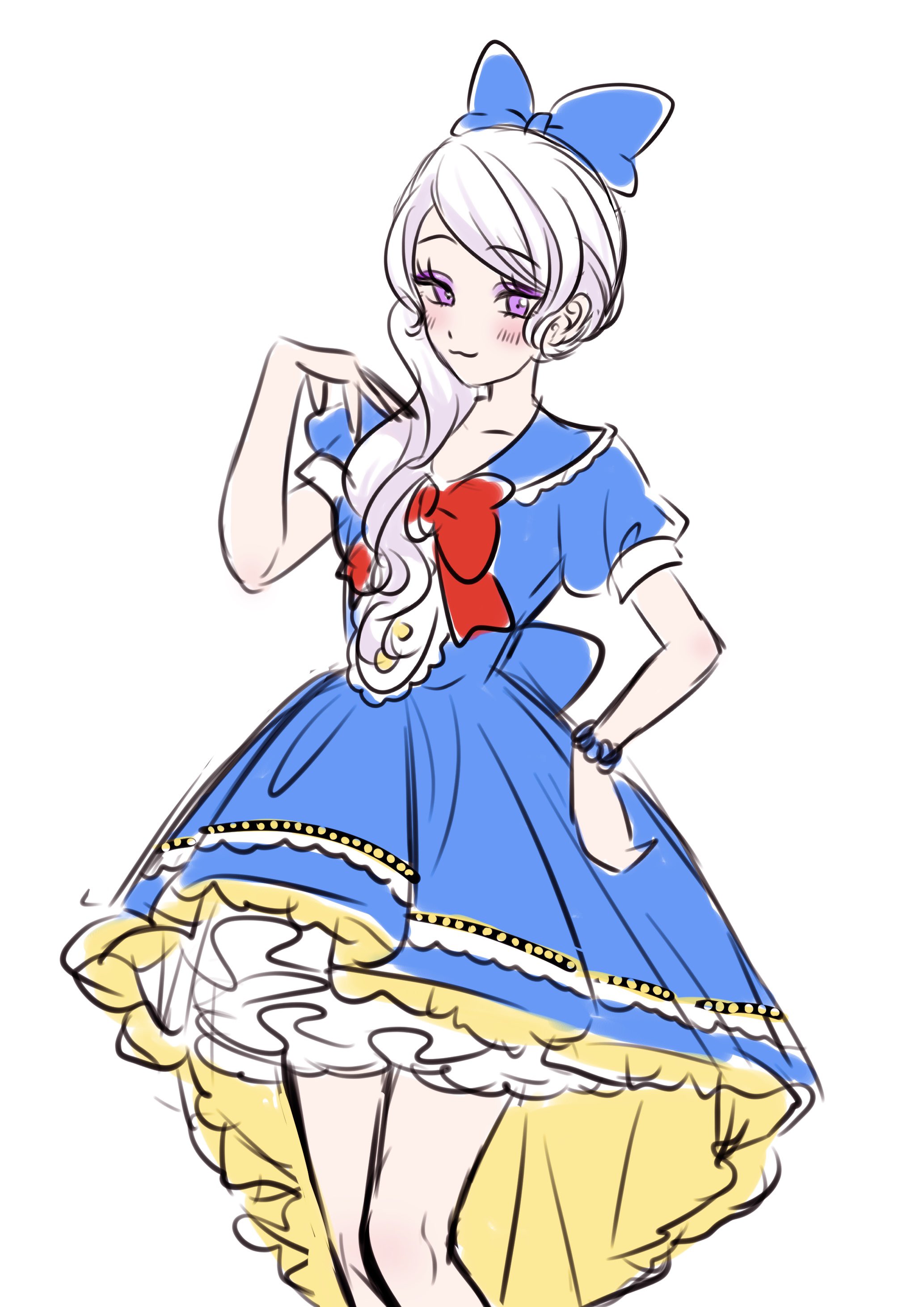 aoiyuuna 811, daisy duck, donald duck, disney, disneyland, mickey mouse & friends, absurdres, commentary request, highres, 1girl, bow, cosplay, donald duck (cosplay), dress, hair bow, humanization, jewelry, looking at viewer, puffy sleeves, purple eyes, short sleeves, smile, solo, white hair