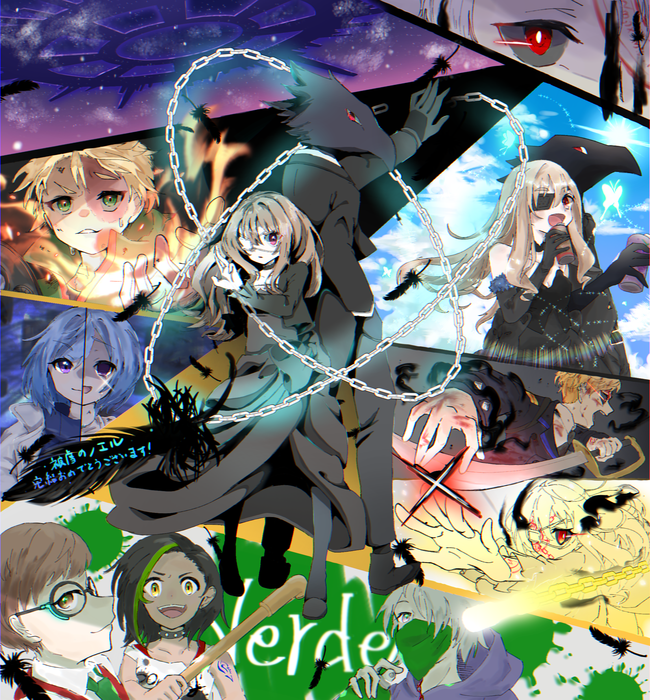 caron (higyaku no noel), fugo dressel, jillian littner, noel cerquetti, oscar dressel, higyaku no noel, absurdres, highres, 3girls, 5boys, aerosol, agatha flattz, animal head, bandana, bandana over mouth, bird boy, black hair, black skin, black suit, blonde hair, blue hair, brothers, brown hair, burn scar, can, chain, choker, colored skin, crowbar, cutlass, dark-skinned female, dark skin, demon boy, dress, drink can, eyepatch, fire, formal clothes, glasses, green eyes, hair over one eye, holding, holding crowbar, hood, hoodie, jacket, lauro maestri, long hair, medical eyepatch, multicolored hair, multiple boys, multiple girls, necktie, piercing, purple eyes, purple hair, red vest, scar, scar on face, severed arm, severed limb, short hair, siblings, smile, spray can, streaked hair, suit, vest, zoe taska