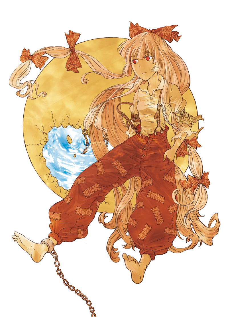 charin, fujiwara no mokou, touhou, bad id, bad pixiv id, 1girl, barefoot, chain, cuffs, feet, female focus, shackles, simple background, solo, white background