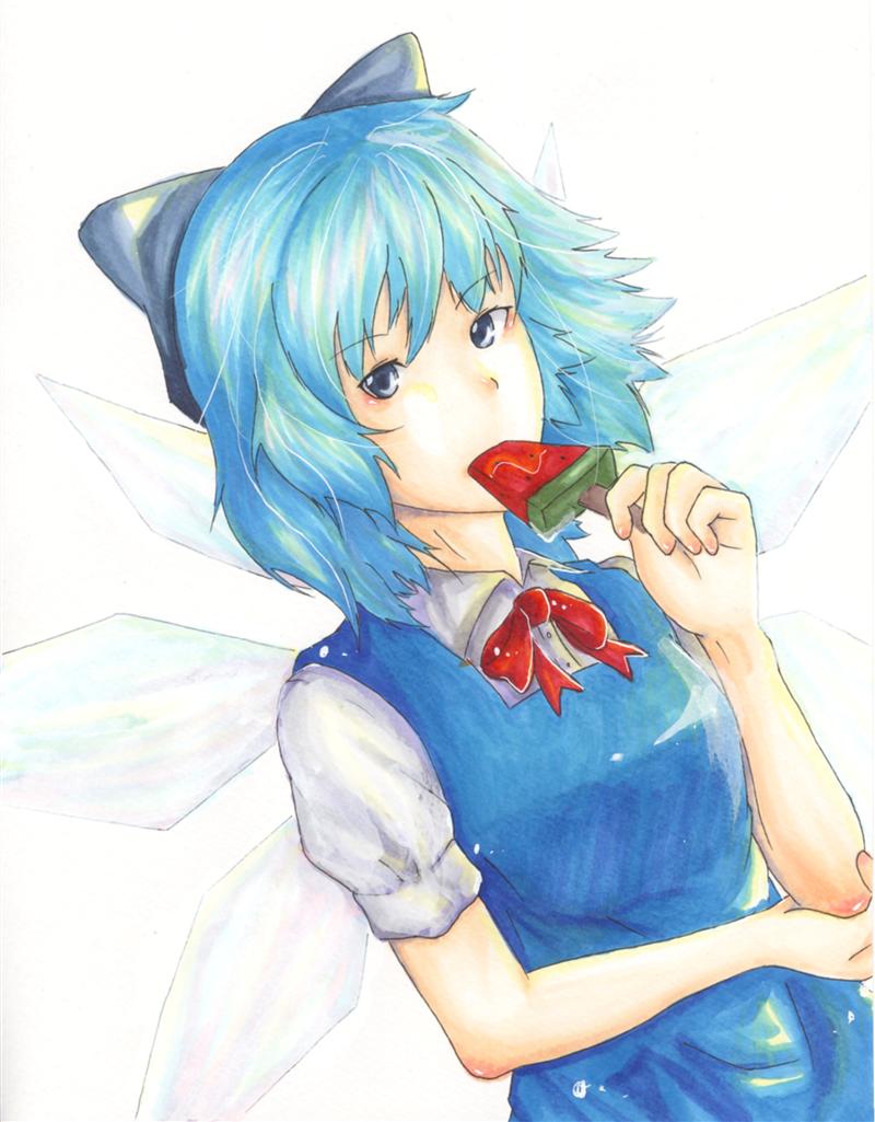 kujou natsume, tometo, cirno, embodiment of scarlet devil, touhou, bad id, bad pixiv id, marker (medium), traditional media, 1girl, blue eyes, blue hair, female focus, food, fruit, hair ribbon, matching hair/eyes, popsicle, ribbon, short hair, solo, watermelon, watermelon bar, wings