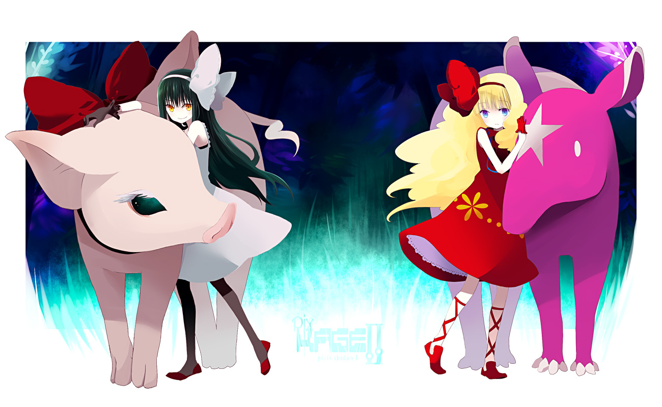 kintaro, pixiv, pixiv shadow, 2girls, blonde hair, blue eyes, dress, green hair, long hair, multiple girls, orange eyes, pig, tapir