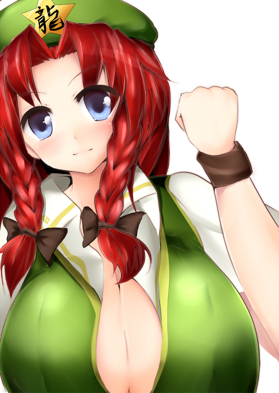 surikogi, hong meiling, embodiment of scarlet devil, touhou, highres, 1girl, blue eyes, bow, braid, breasts, cleavage, female focus, huge breasts, red hair, simple background, solo, twin braids, white background
