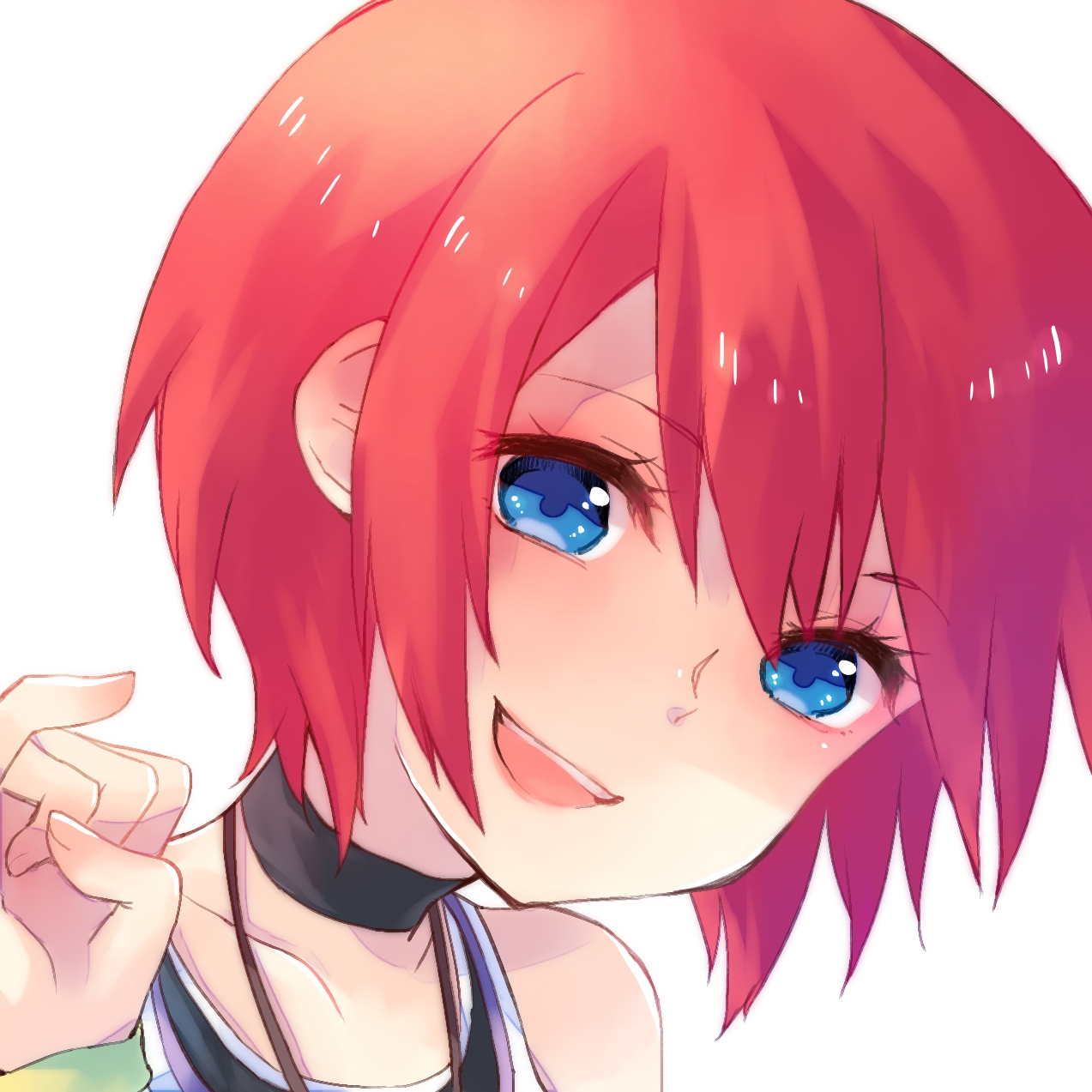 yuzuma (321353), kairi (kingdom hearts), kingdom hearts, kingdom hearts i, highres, 1girl, black choker, blue eyes, choker, collarbone, jewelry, looking at viewer, necklace, open mouth, red hair, short hair, simple background, smile, solo, white background