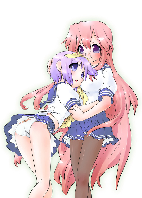 kogaku kazuya, hiiragi tsukasa, takara miyuki, lucky star, bad id, bad pixiv id, 00s, 2girls, blue skirt, blush, breast press, breasts, female focus, glasses, hug, medium breasts, multiple girls, panties, pantyhose, pink hair, print panties, purple hair, school uniform, serafuku, short sleeves, skirt, small breasts, underwear, upskirt, white background, white panties, yuri