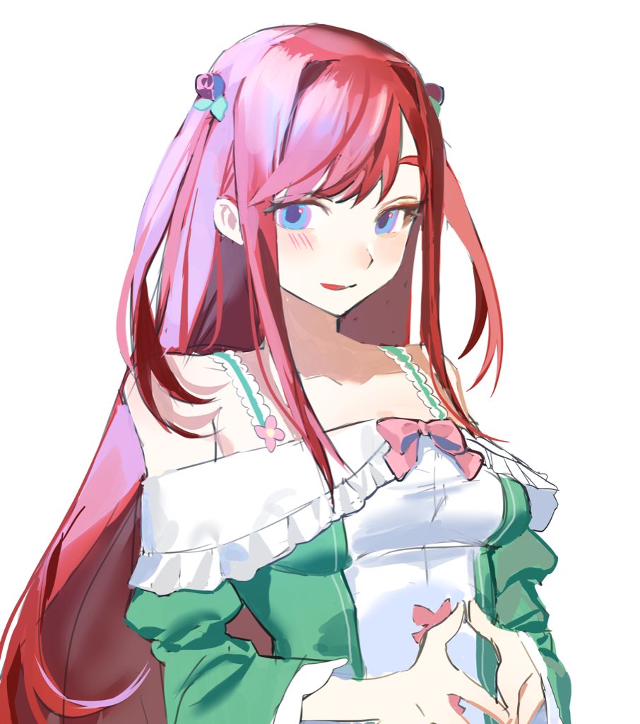 chamuring, theresia van astrea, re:zero kara hajimeru isekai seikatsu, commentary request, 1girl, blue eyes, blush, bow, collarbone, dress, green dress, hair ornament, long hair, looking at viewer, open mouth, pink bow, red hair, simple background, solo, twintails, very long hair, white background