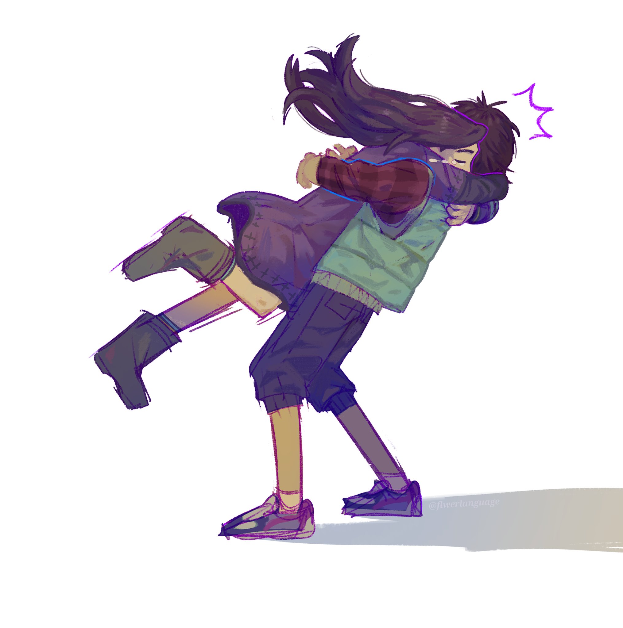 junpei (kyokugen dasshutsu), kurashiki akane, kyokugen dasshutsu, kyokugen dasshutsu: 9 jikan 9 nin 9 no tobira, hashtag-only commentary, highres, 1boy, 1girl, aqua vest, blue outline, boots, brown hair, closed eyes, dress, flwerlanguage, full body, hug, long hair, long sleeves, outline, pants, plaid clothes, plaid shirt, purple dress, purple outline, red shirt, shadow, shirt, shoes, short hair, simple background, standing, vest, white background