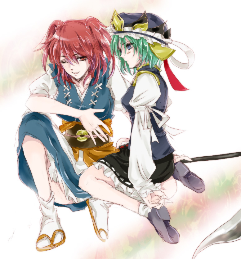 outlaw, unabara misumi, onozuka komachi, shiki eiki, touhou, bad id, bad pixiv id, 2girls, blue eyes, blush, female focus, green hair, hair bobbles, hair ornament, hat, multiple girls, red eyes, red hair, sandals, scythe, short hair, sitting, smile, twintails, two side up, zouri
