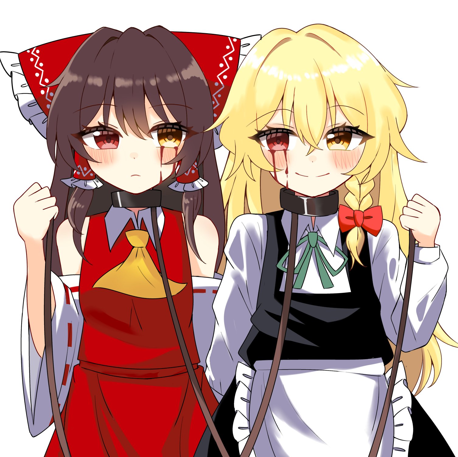 hakurei reimu, kirisame marisa, touhou, commentary, english commentary, highres, 2girls, apron, arm behind back, ascot, bagu (bagubagu cr7), bare shoulders, black dress, blonde hair, blood, blood on face, blush, body part swap, bow, braid, brown hair, closed mouth, collared shirt, detached sleeves, dress, frilled apron, frilled bow, frilled hair tubes, frills, green ribbon, hair between eyes, hair bow, hair tubes, hand up, holding, holding leash, leash, long sleeves, looking at another, looking to the side, multiple girls, neck ribbon, nontraditional miko, red bow, red eyes, red shirt, red skirt, ribbon, ribbon-trimmed sleeves, ribbon trim, shirt, side braid, simple background, skirt, sleeve cuffs, smile, white apron, white background, white shirt, yellow ascot, yellow eyes