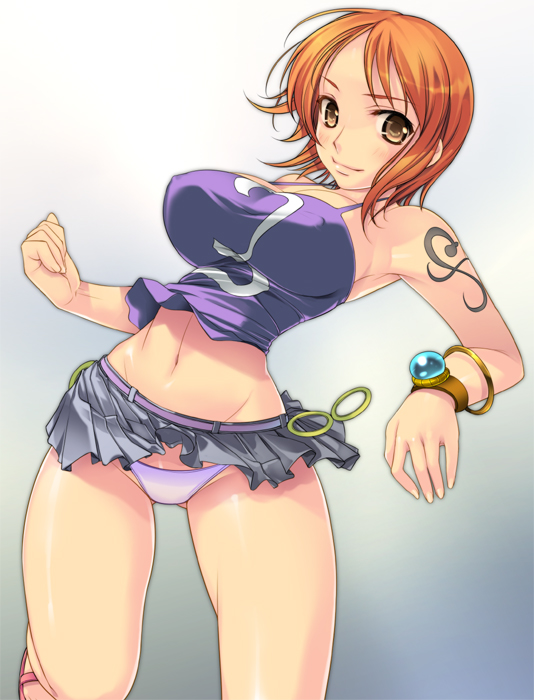 yoko juusuke, nami (one piece), nami (one piece) (water 7), one piece, 1girl, bangle, bare shoulders, bracelet, brown eyes, curvy, female focus, gradient background, jewelry, log pose, narrow waist, orange hair, panties, pantyshot, skirt, solo, tattoo, underwear, upskirt, water 7