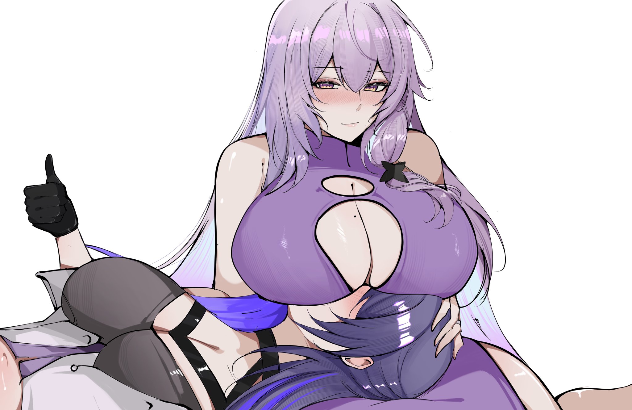 arnkun, acheron (honkai: star rail), black swan (honkai: star rail), honkai: star rail, honkai (series), commentary, english commentary, highres, 2girls, black gloves, blush, breasts, choker, cleavage, covered face, crop top, eyeliner, gloves, hair between eyes, huge breasts, lap pillow, long hair, makeup, mole, mole on breast, multiple girls, purple hair, sidelocks, sleeveless, strap, very long hair, white background, yellow eyes, yuri