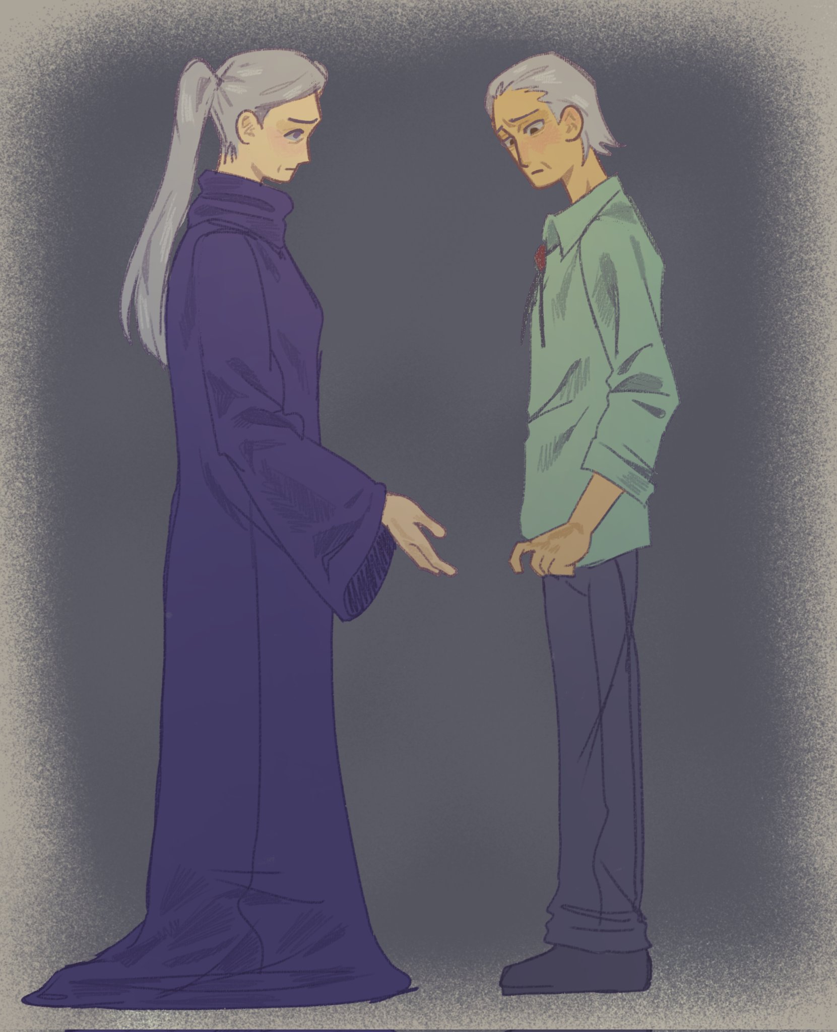 kurashiki akane, tenmyouji (kyokugen dasshutsu), kyokugen dasshutsu, kyokugen dasshutsu adv: zennin shibou desu, hashtag-only commentary, highres, spoilers, 1boy, 1girl, aqua shirt, black shoes, blue dress, bolo tie, closed mouth, collared shirt, dress, flwerlanguage, grey hair, grey pants, long dress, long hair, long sleeves, old, old man, old woman, pants, ponytail, shirt, shoes, short hair, standing