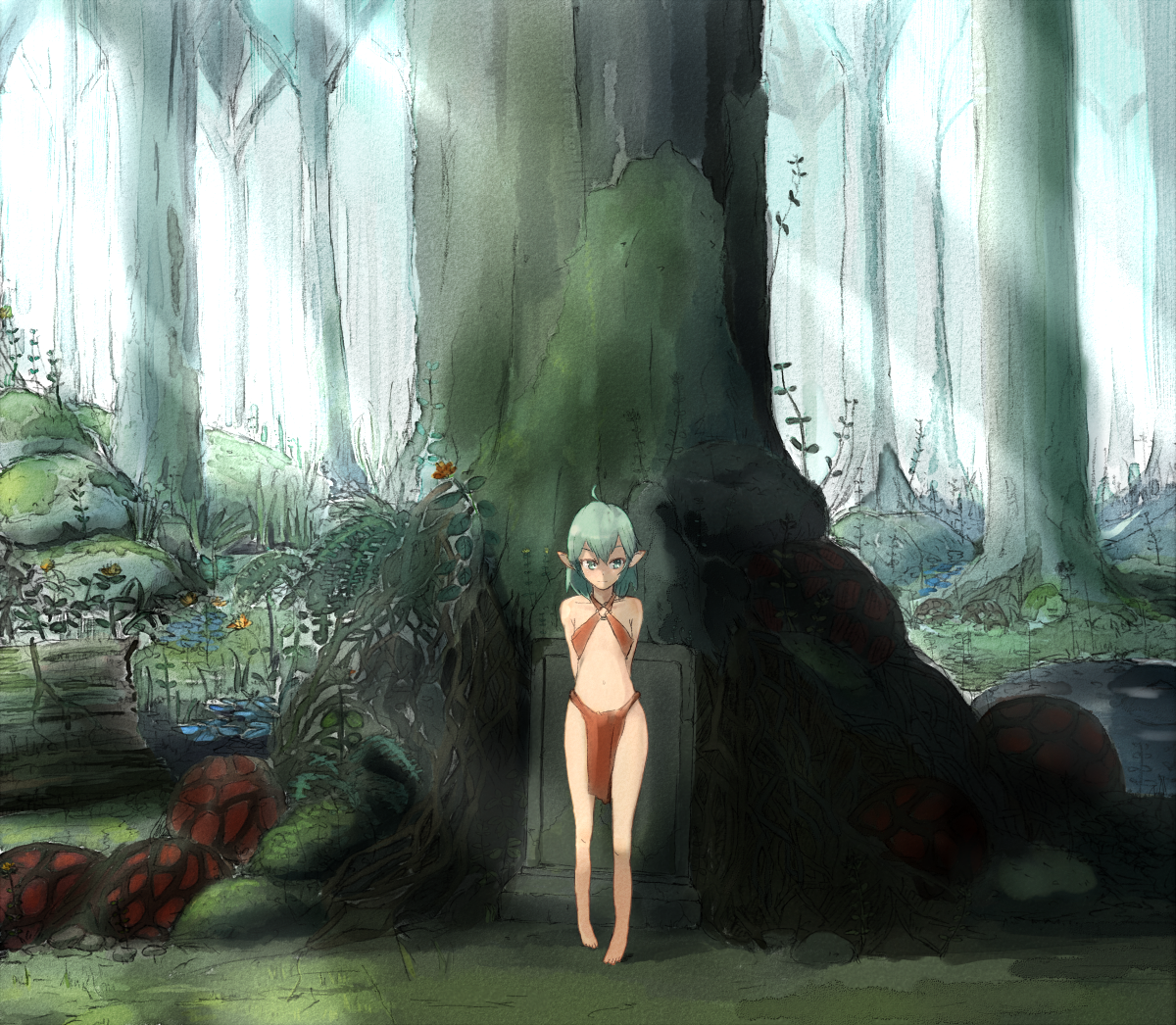 yammy (artist), yammy (cellblo), original, 1girl, ahoge, aqua eyes, aqua hair, arms behind back, barefoot, female focus, forest, legs, loincloth, nature, plant, pointy ears, short hair, solo, sunlight