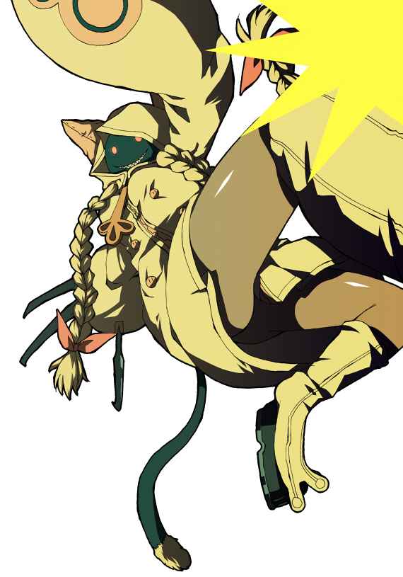 yosimura, taokaka, arc system works, blazblue, animal ears, animal hood, blonde hair, boots, braid, cat ears, cat hood, cat tail, claws, coat, glowing, glowing eyes, grin, hood, long hair, red eyes, ribbon, smile, solo, tail, twin braids, zipper