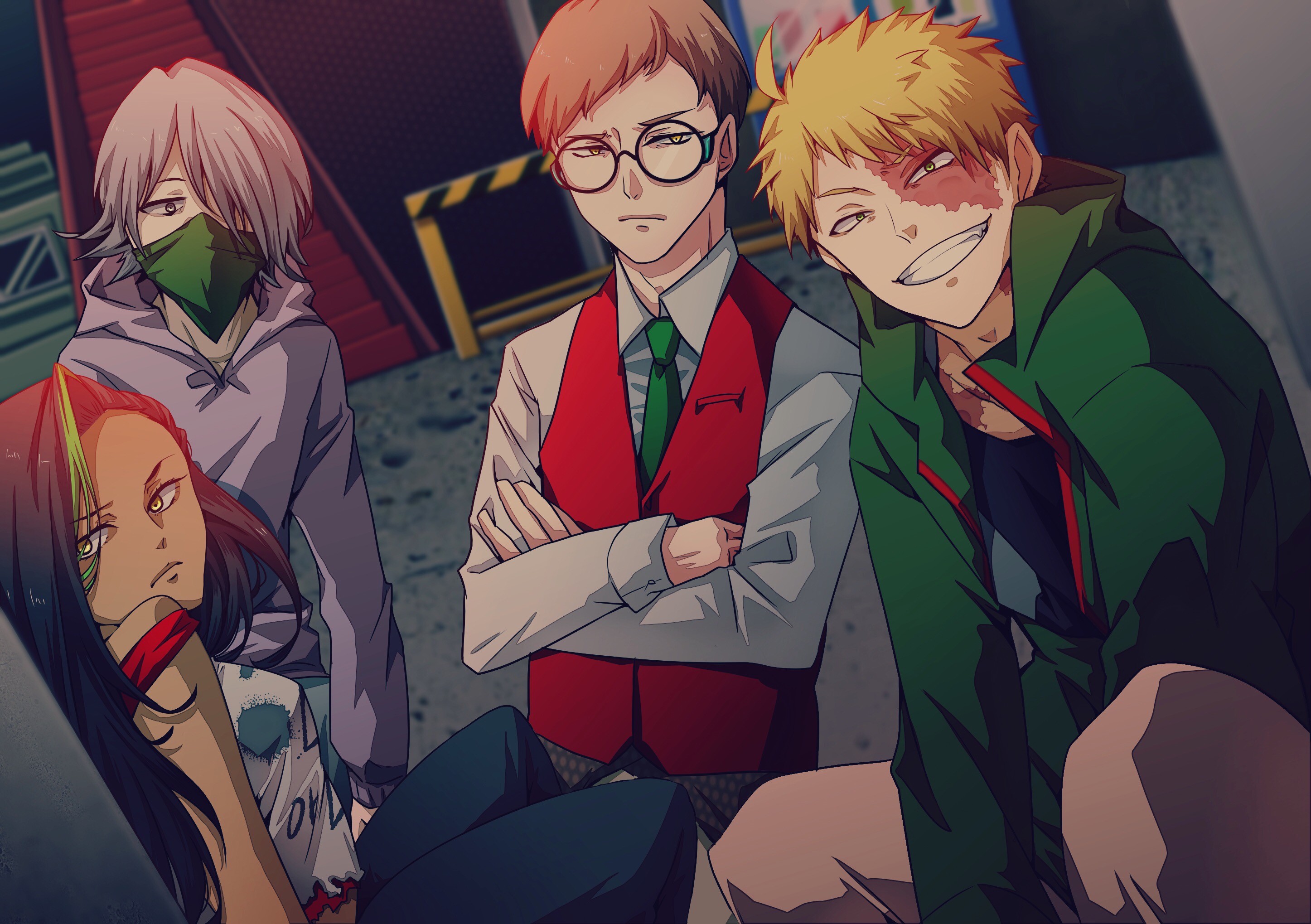 fugo dressel, higyaku no noel, highres, 1girl, 3boys, agatha flattz, bandana, bandana over mouth, blonde hair, brown hair, burn scar, choker, crossed arms, dark-skinned female, dark skin, glasses, green eyes, green jacket, green necktie, hair over one eye, hood, hoodie, jacket, lauro maestri, multicolored hair, multiple boys, necktie, purple hair, purple hoodie, red vest, scar, scar on face, short hair, smile, streaked hair, tom1231uk, vest, yellow eyes, zoe taska