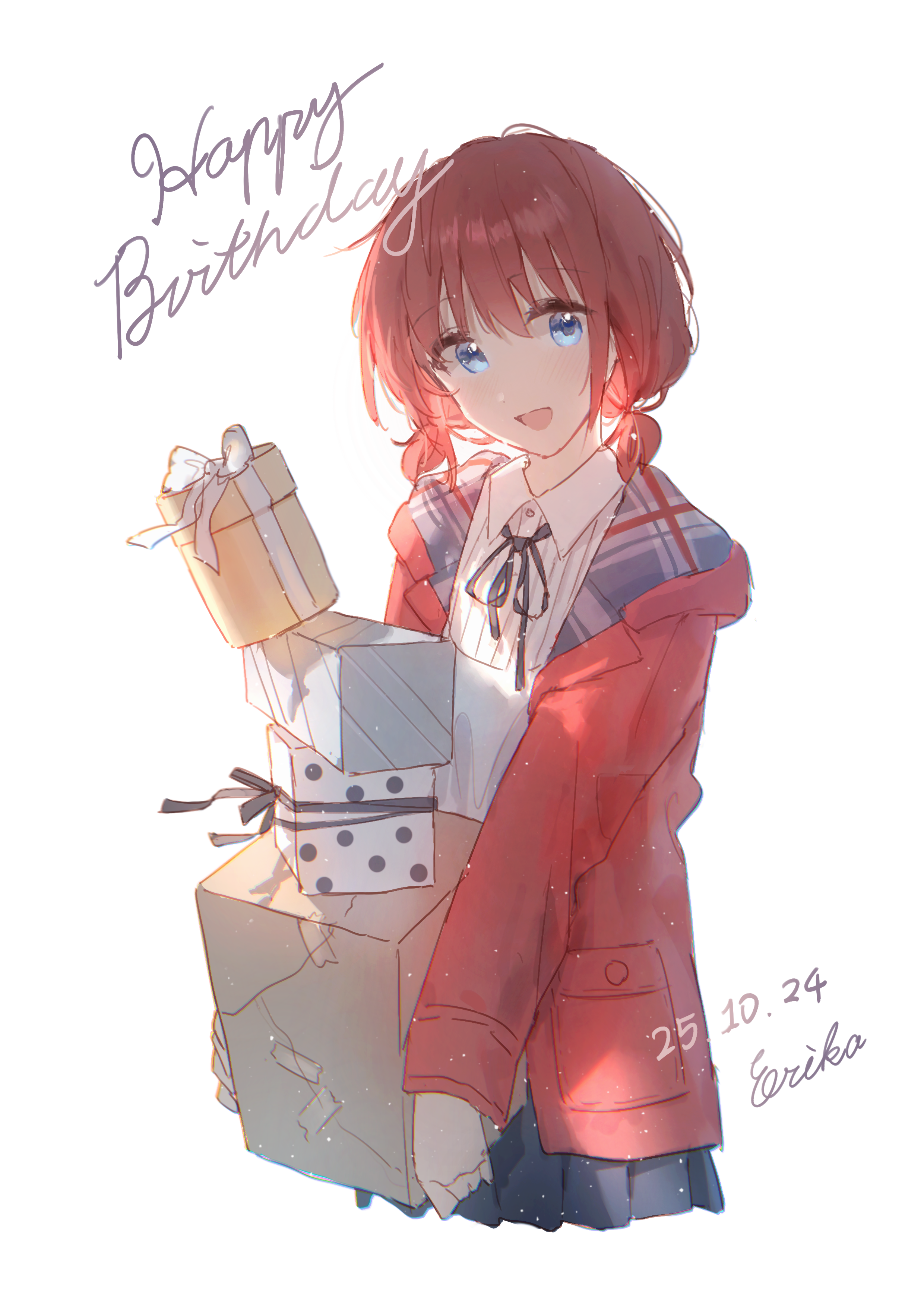 erika (user spth3377), iseri nina, girls band cry, absurdres, commentary request, highres, 1girl, black ribbon, blue eyes, blue skirt, blush, dated, gift, happy birthday, jacket, low twintails, neck ribbon, open clothes, open jacket, open mouth, pleated skirt, red hair, red jacket, ribbon, shirt, short hair, short twintails, simple background, skirt, solo, twintails, white background, white shirt