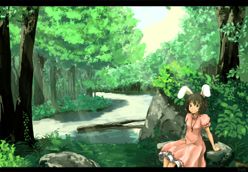 you (pixiv249955), you (shimizu), inaba tewi, touhou, bad id, bad pixiv id, 1girl, animal ears, black hair, carrot, female focus, forest, letterboxed, nature, outdoors, rabbit ears, scenery, shimizu629, short hair, sitting, sky, solo, water