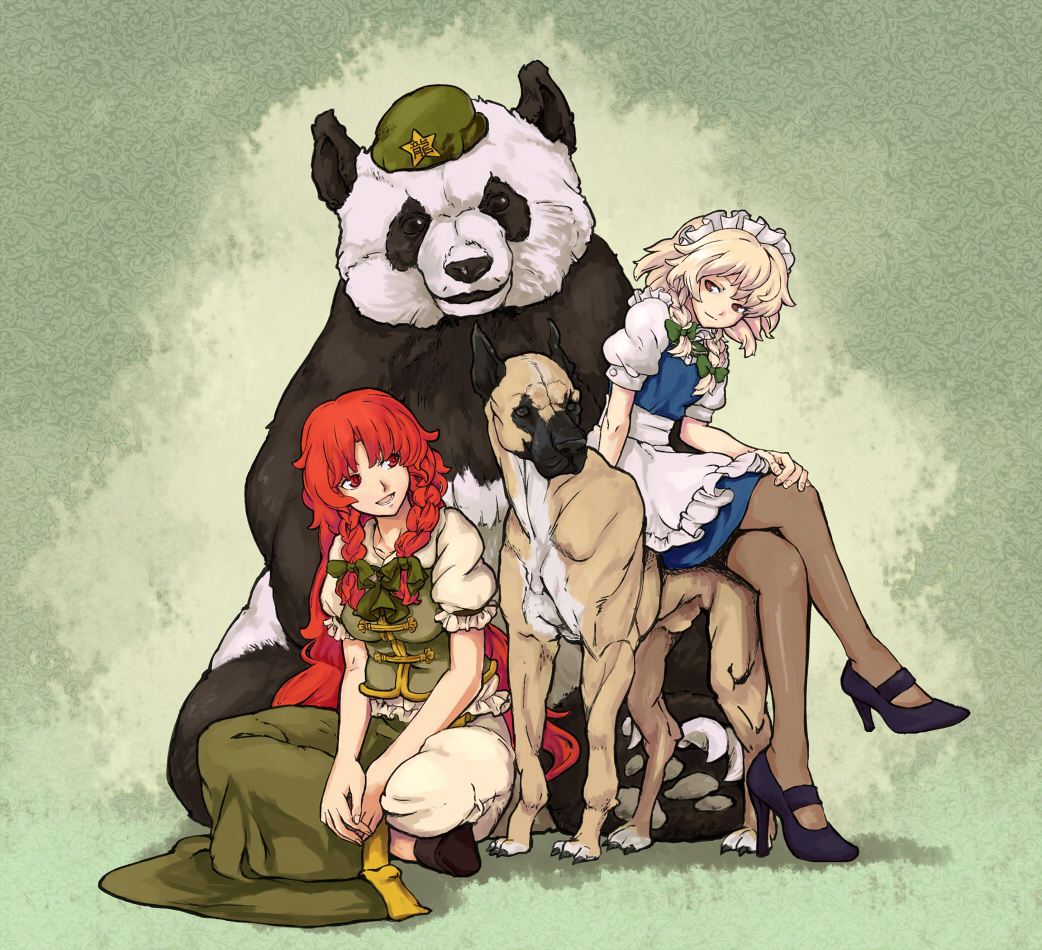 shibasaki shouji, hong meiling, hong meiling (panda), izayoi sakuya, embodiment of scarlet devil, touhou, 2girls, alternate hair color, blonde hair, braid, crossed legs, dog, female focus, hat, high heels, multiple girls, no headwear, panda, pantyhose, red hair, shoes, sitting, twin braids