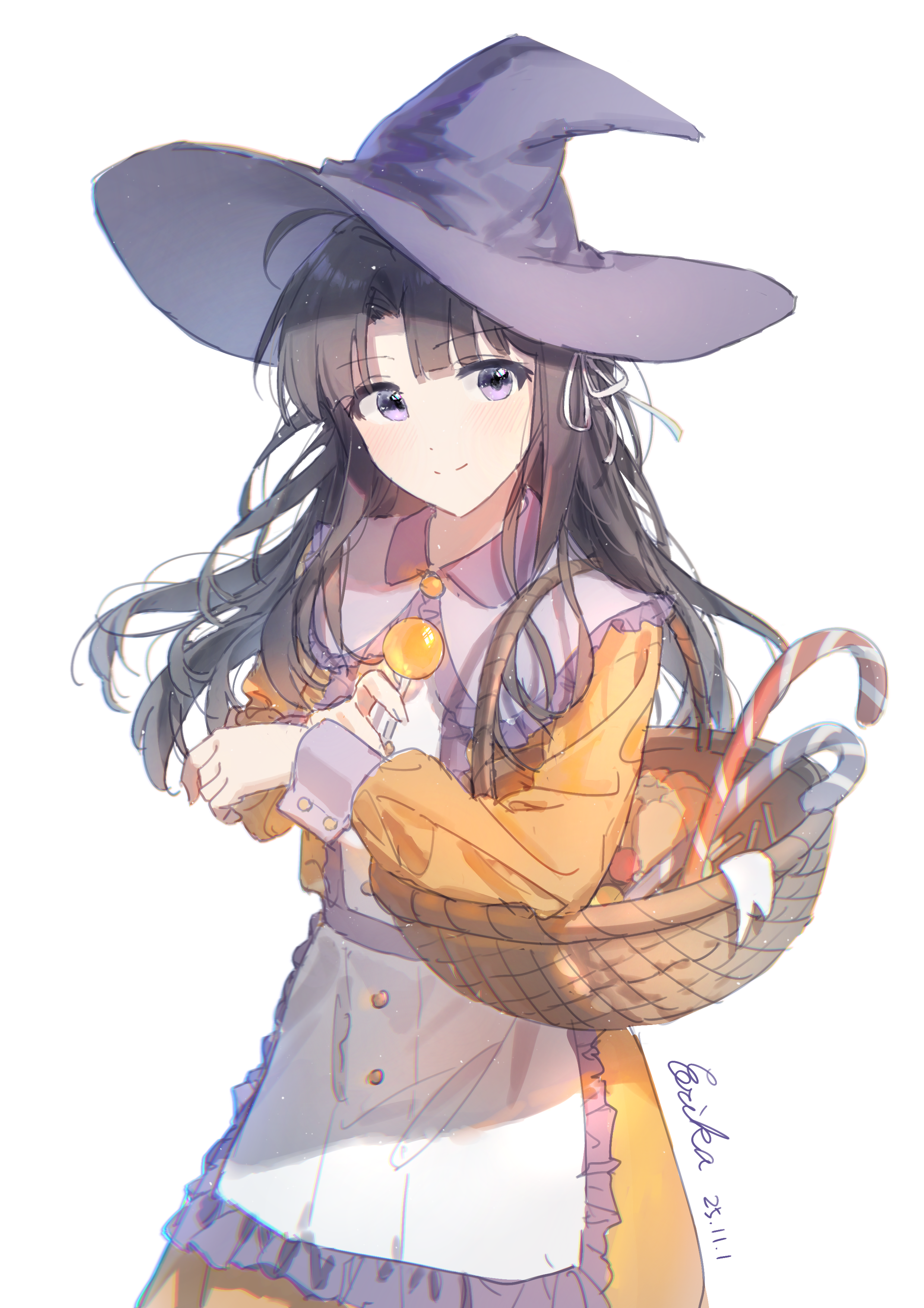 erika (user spth3377), awa subaru, girls band cry, absurdres, commentary request, highres, partial commentary, 1girl, ahoge, basket, blonde hair, blue hat, blush, candy, candy cane, food, hair ribbon, halloween costume, hat, long hair, long sleeves, looking at viewer, parted bangs, purple eyes, ribbon, simple background, solo, white background, white ribbon, witch hat