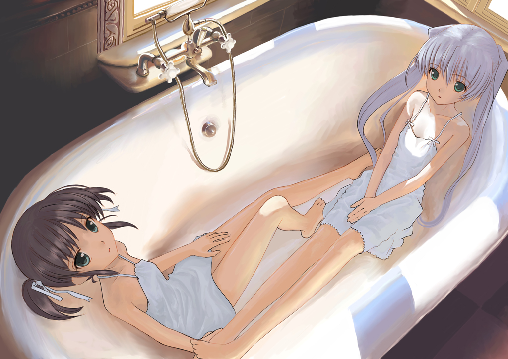 mocha, asagiri mai, tougi shiro, august soft, fortune arterial, yoake mae yori ruri iro na, 2girls, aqua eyes, bare shoulders, barefoot, bath, bathtub, brown hair, camisole, company connection, crossover, feet, flat chest, long hair, long legs, multiple girls, purple hair, same-sex bathing, shared bathing, short hair, twintails