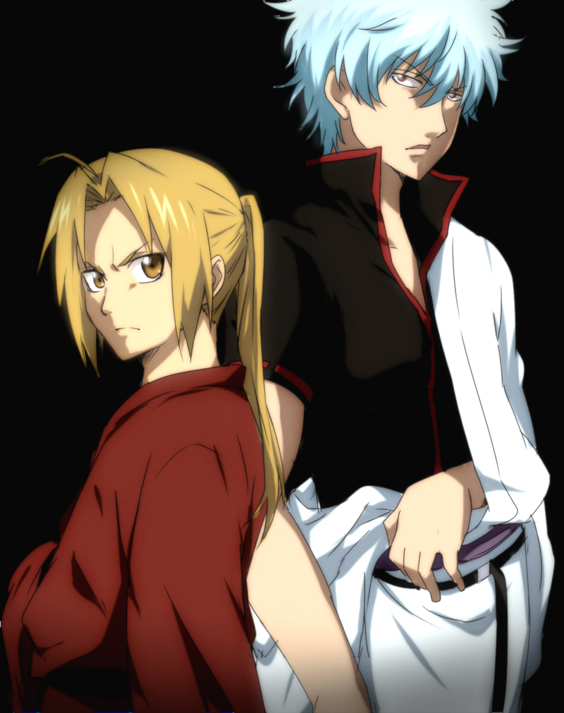 maruki (punchiki), edward elric, sakata gintoki, fullmetal alchemist, gintama, bad id, bad pixiv id, 00s, 2boys, blonde hair, blue hair, crossover, long hair, male focus, multiple boys, ponytail