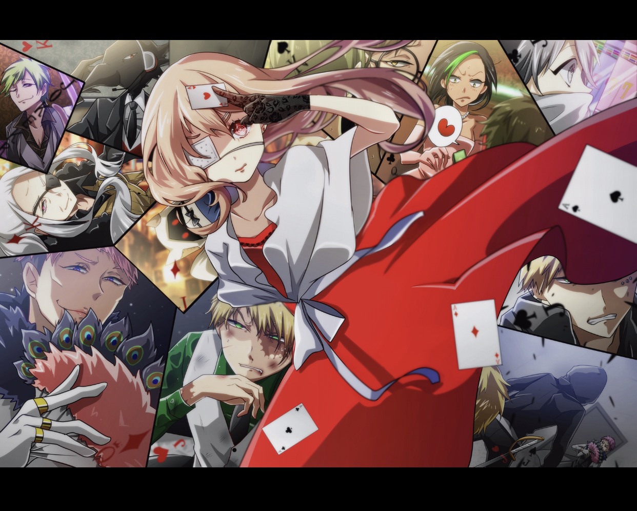 caron (higyaku no noel), fugo dressel, noel cerquetti, oscar dressel, higyaku no noel, 3girls, 6+boys, agatha flattz, animal head, anselmo ambrogio, anti-eyebrow piercing, bandana, bandana over mouth, black gloves, blonde hair, brothers, brown hair, card, cutlass, dark-skinned female, dark skin, demon boy, dress, eyepatch, face piercing, feather fan, glasses, gloves, grey hair, hand fan, holding, holding card, holding fan, hood, hood up, jino lorenzi, lauro maestri, madame coffin, medical eyepatch, multicolored hair, multiple boys, multiple girls, official alternate costume, old, old woman, piercing, pink hair, playing card, ponytail, red dress, red eyes, severed arm, severed limb, siblings, streaked hair, tom1231uk, tuxedo shirt, vest, white gloves, zoe taska