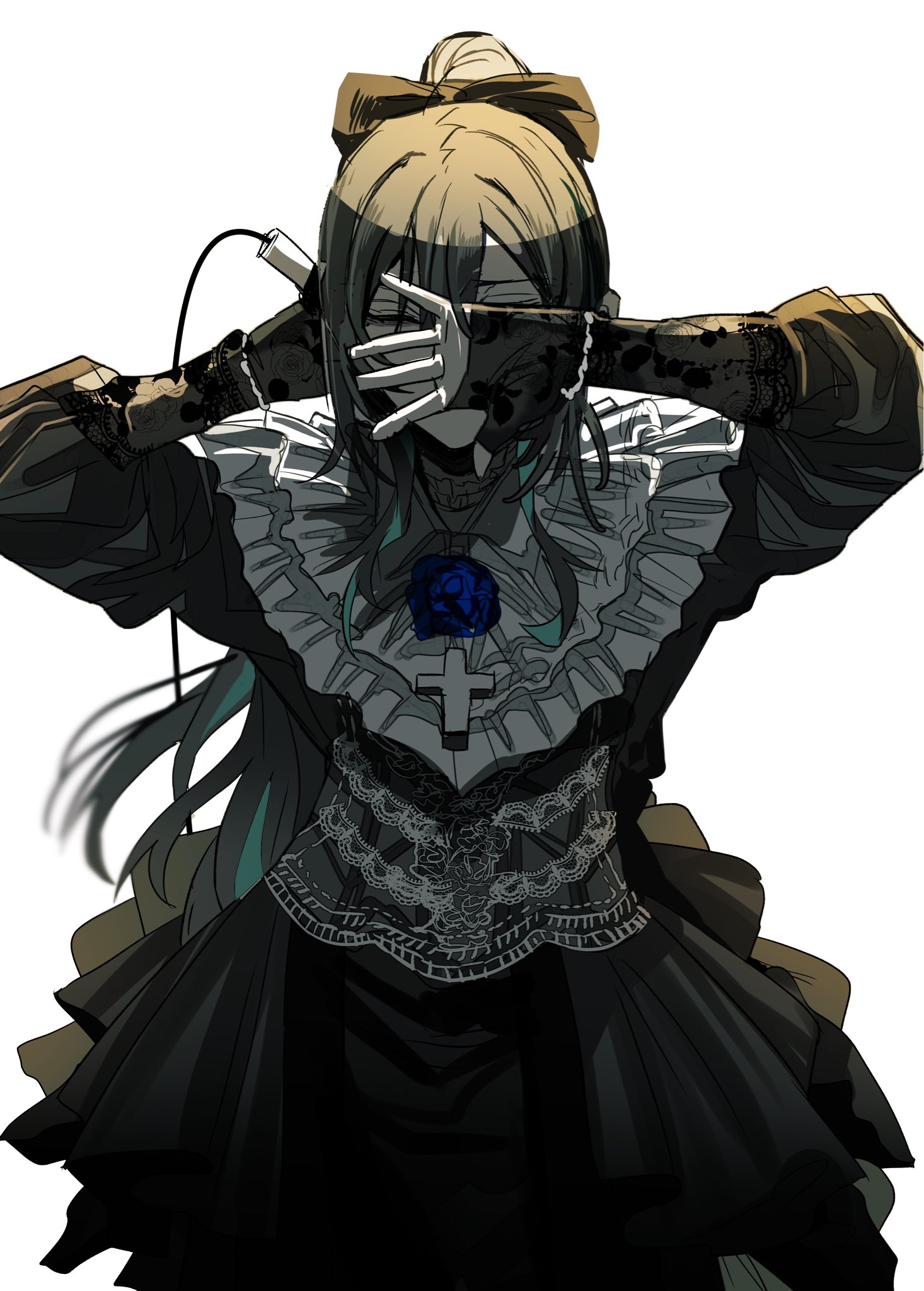 gunjyou (gunjyou 00), chando (ado), ado (utaite), commentary, highres, 1girl, black dress, black hair, blue streaks, brooch, closed eyes, dress, flower brooch, hand up, holding, holding microphone, jewelry, long sleeves, microphone, ponytail, simple background, solo, utaite, white background