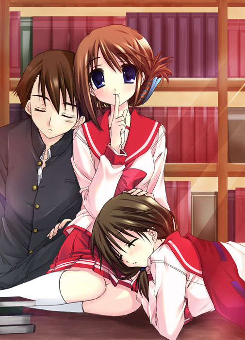 hayashi sakura, komaki ikuno, komaki manaka, kouno takaaki, to heart, to heart (series), to heart 2, 00s, 1boy, 2girls, book, finger to mouth, folded ponytail, lap pillow, library, multiple girls, school uniform, shushing, siblings, sisters, sleeping, socks